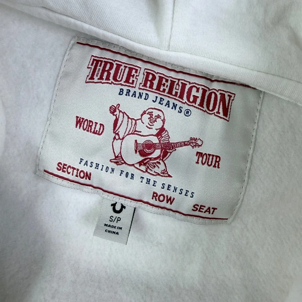 True Religion Patch Big T Zip Hoodie Off White Multi Logo World Tour Small